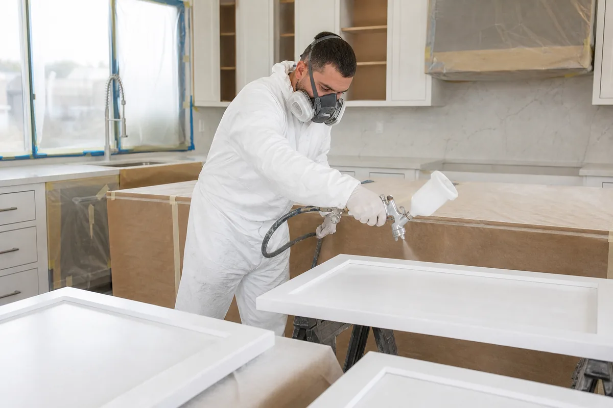 Painter spray finishing white kitchen cabinet doors in a Scottsdale home